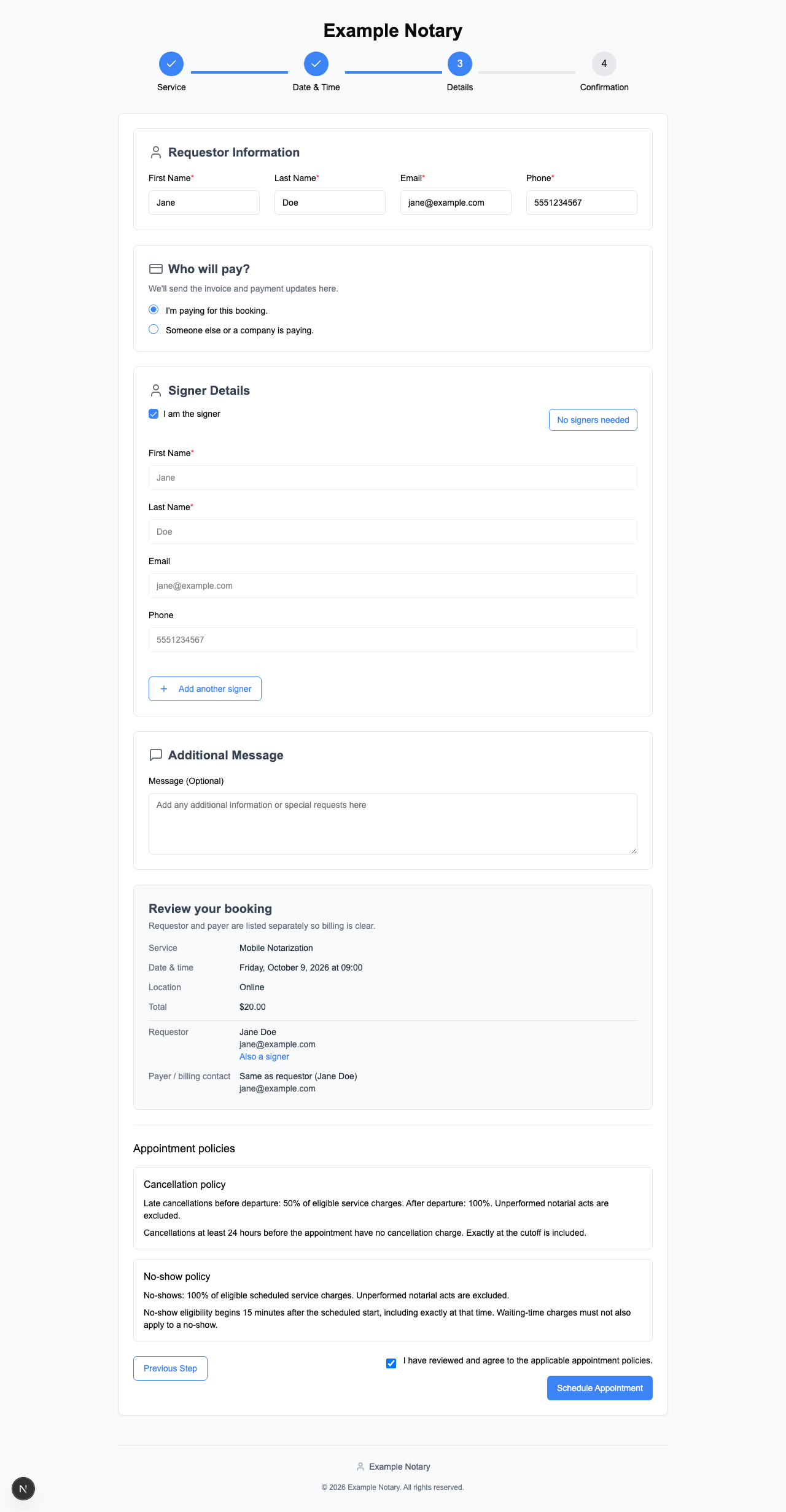 Customer reviews policy content and checks the agreement near Schedule Appointment