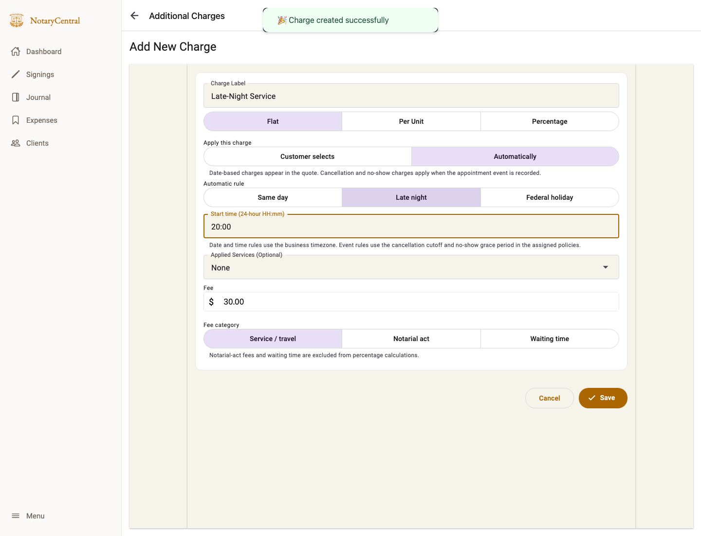 Time-based charge editor with a start-time cutoff
