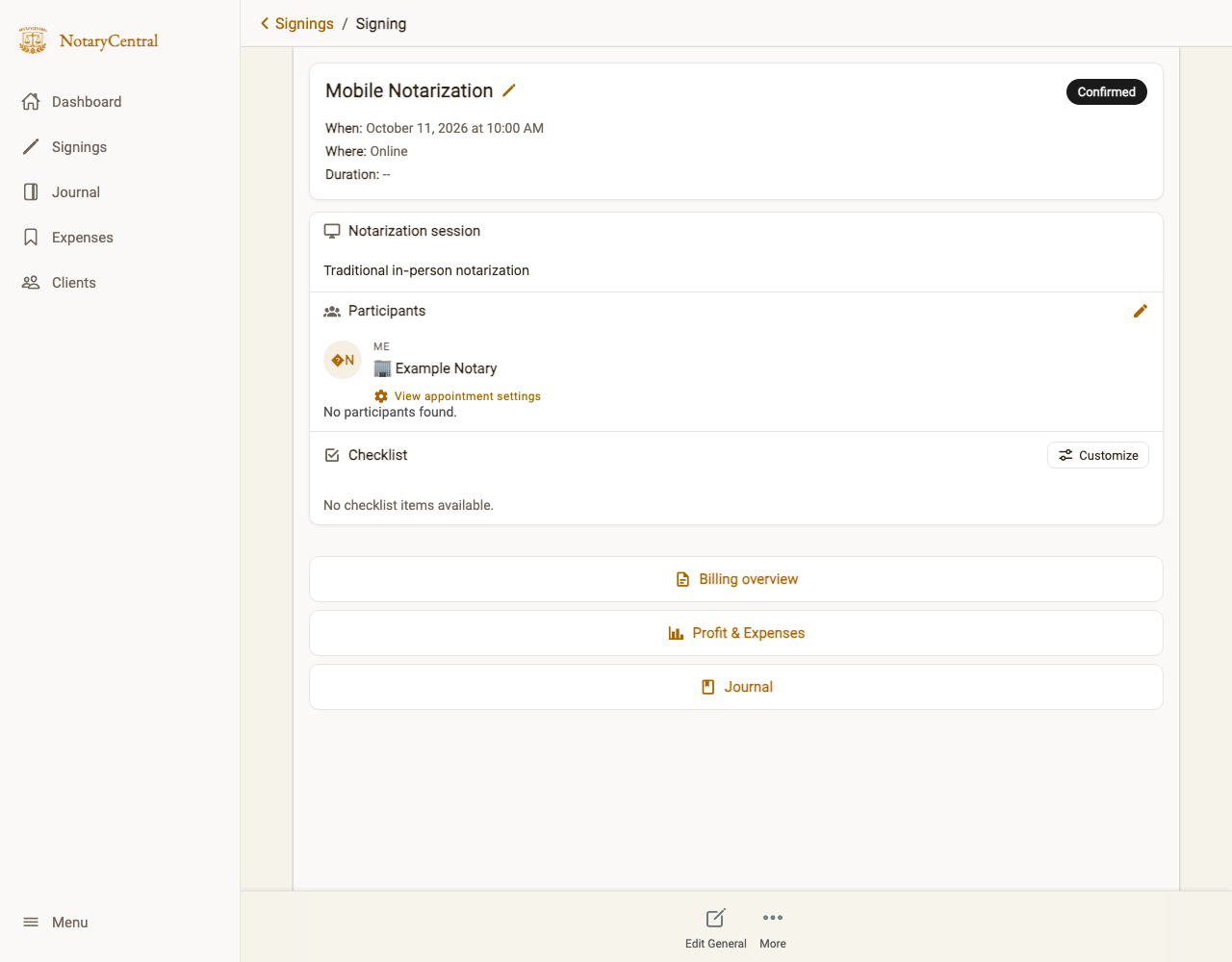 Notary appointment details for an unconfigured booking, without policy or workflow sections