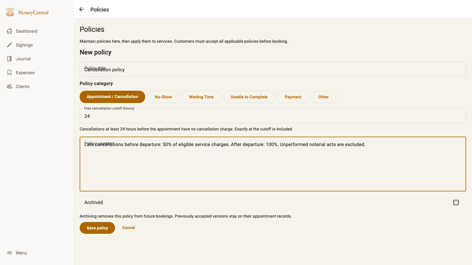 Cancellation policy editor with a 24-hour cutoff