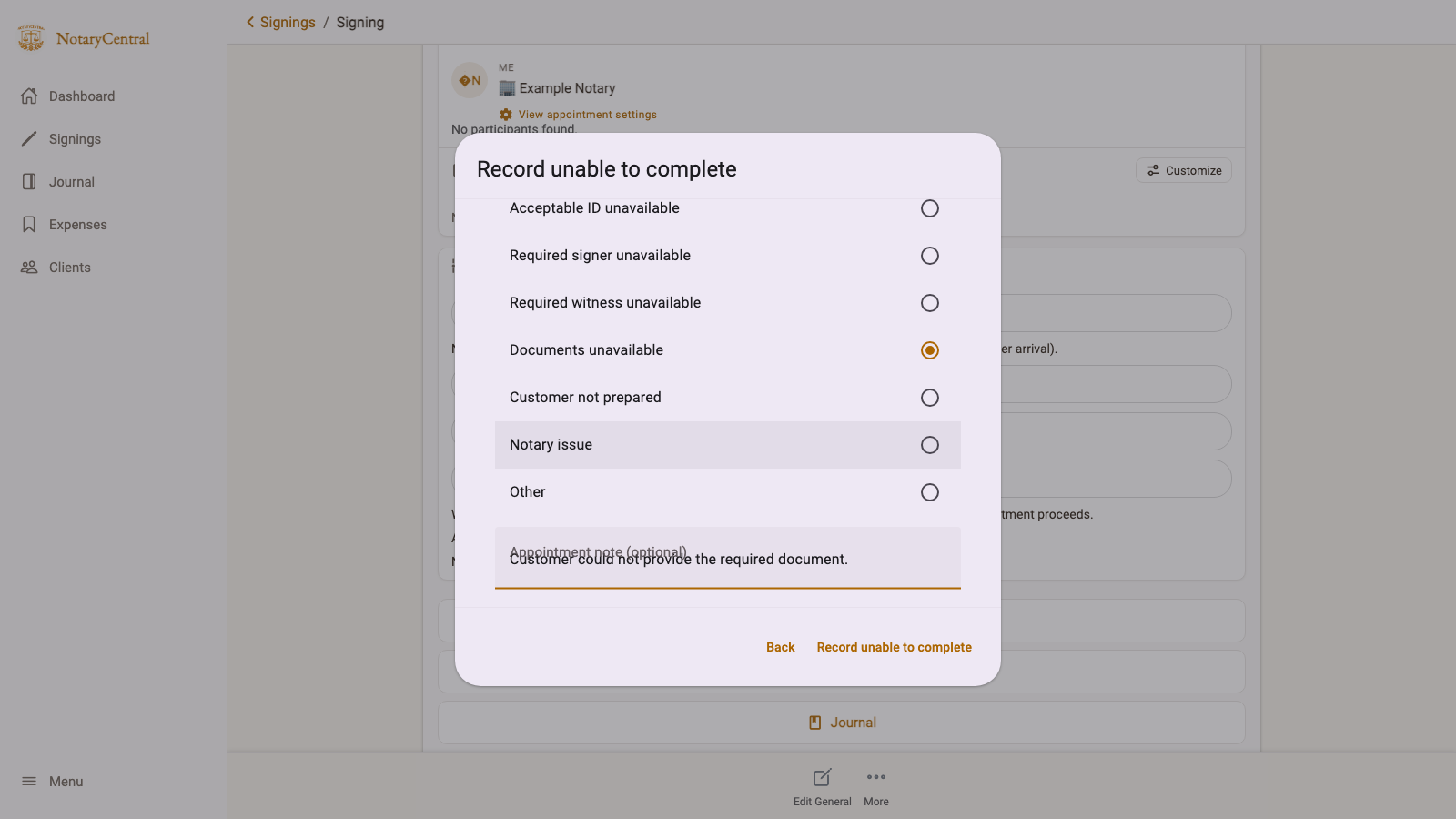 Unable-to-complete confirmation with a reason and note