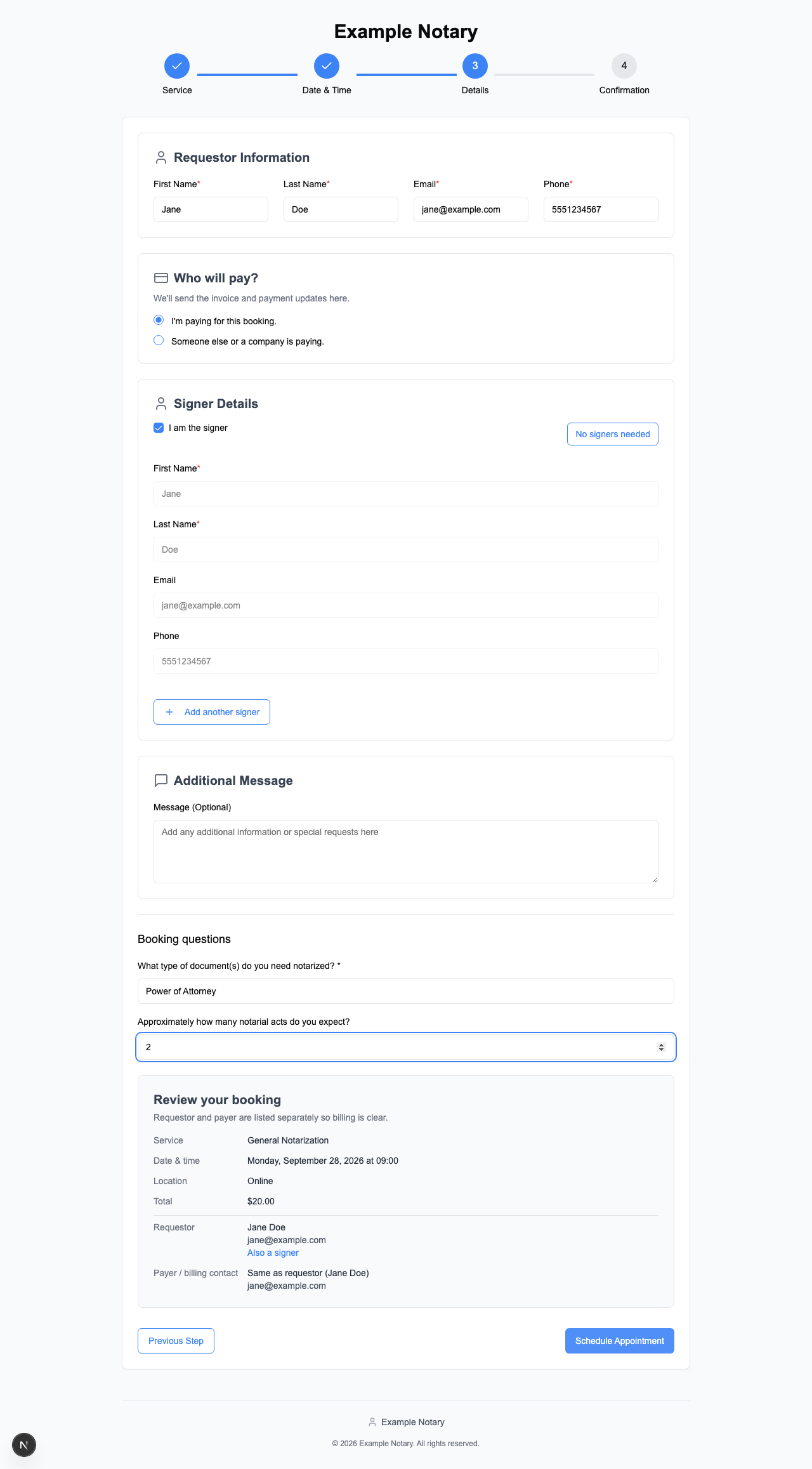 Customer Details step showing answers for document type and expected notarial acts