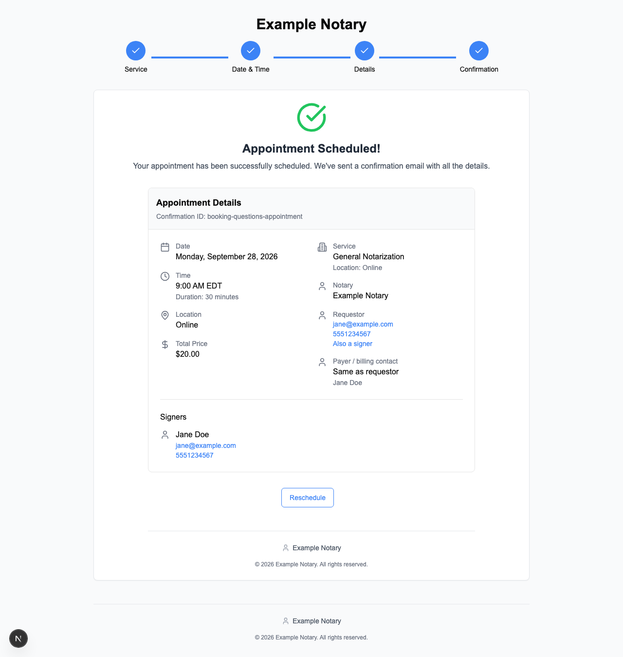 Customer appointment confirmation after answering booking questions