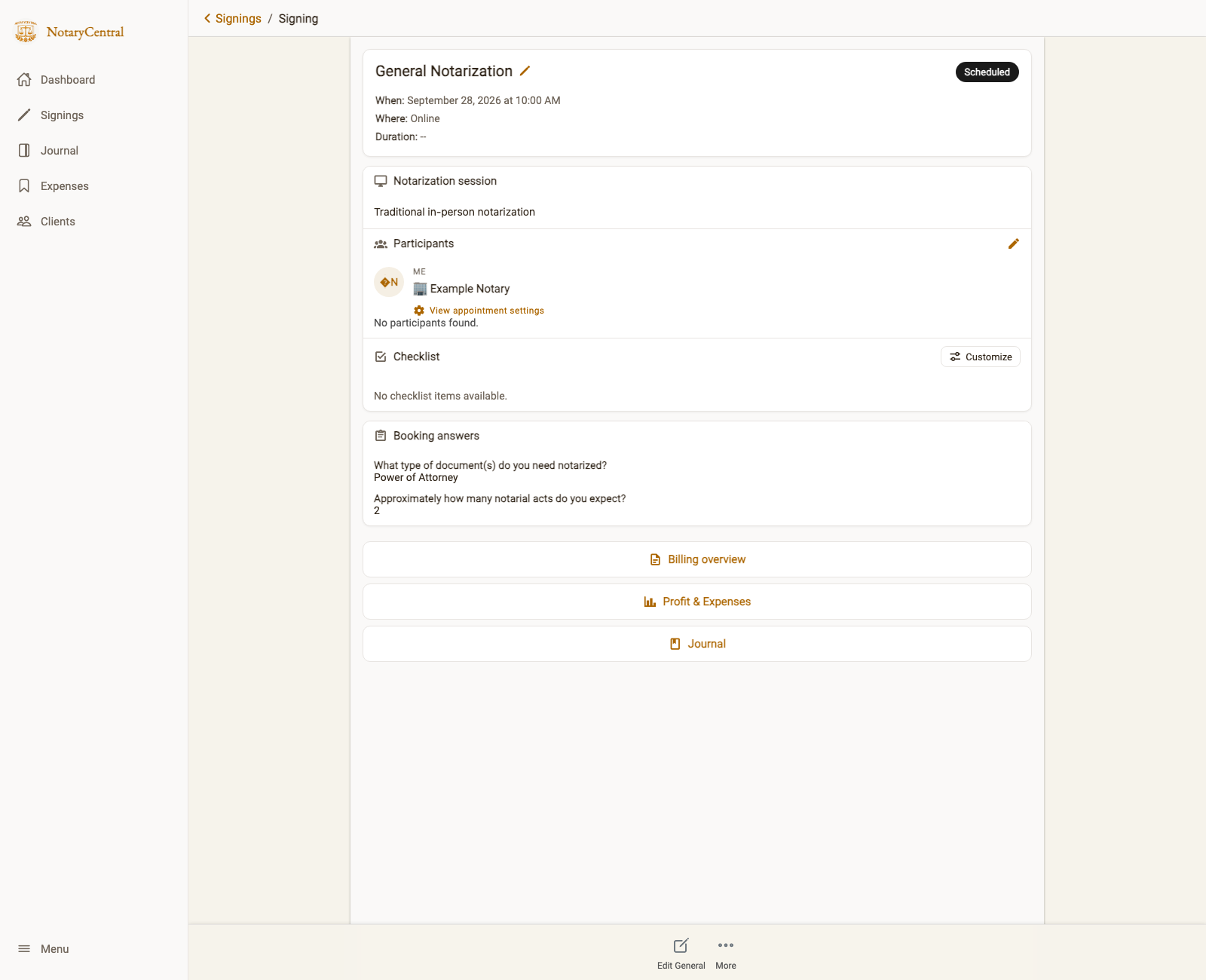 Notary appointment page showing the customer's saved booking answers