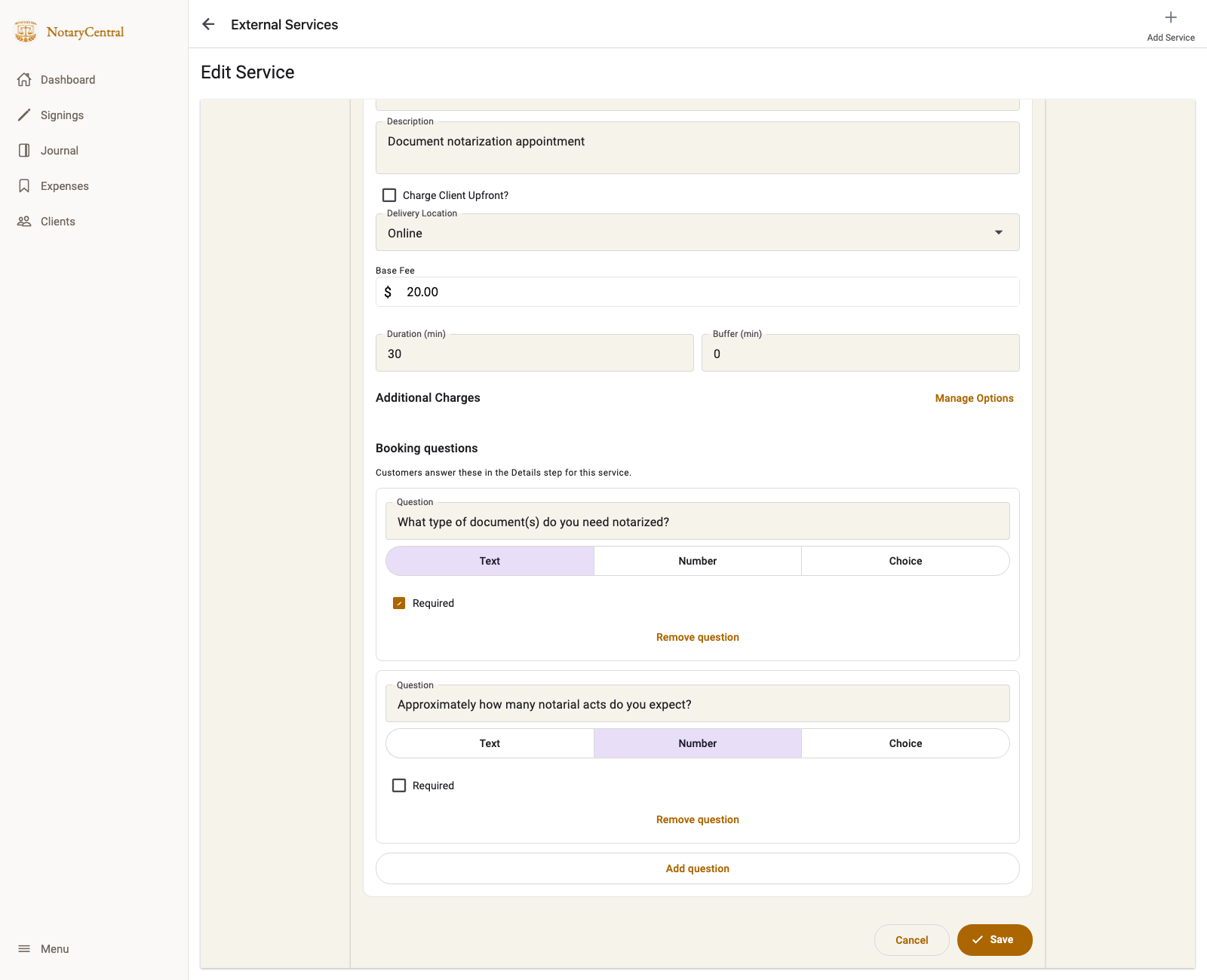 Service editor with a required document question and a number question