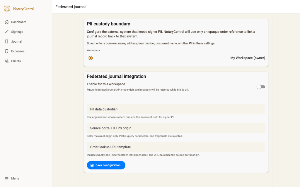 Federated Journal PII Custody Boundary Settings