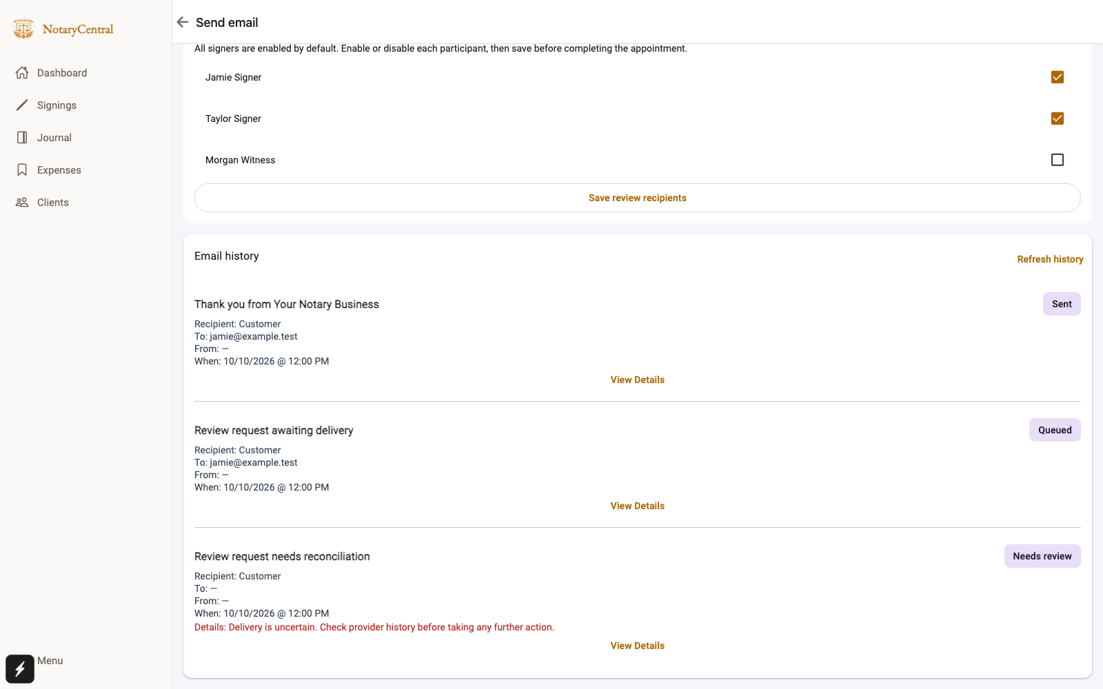 Demonstration email history showing Sent, Queued, and Needs review states with recipient addresses and details