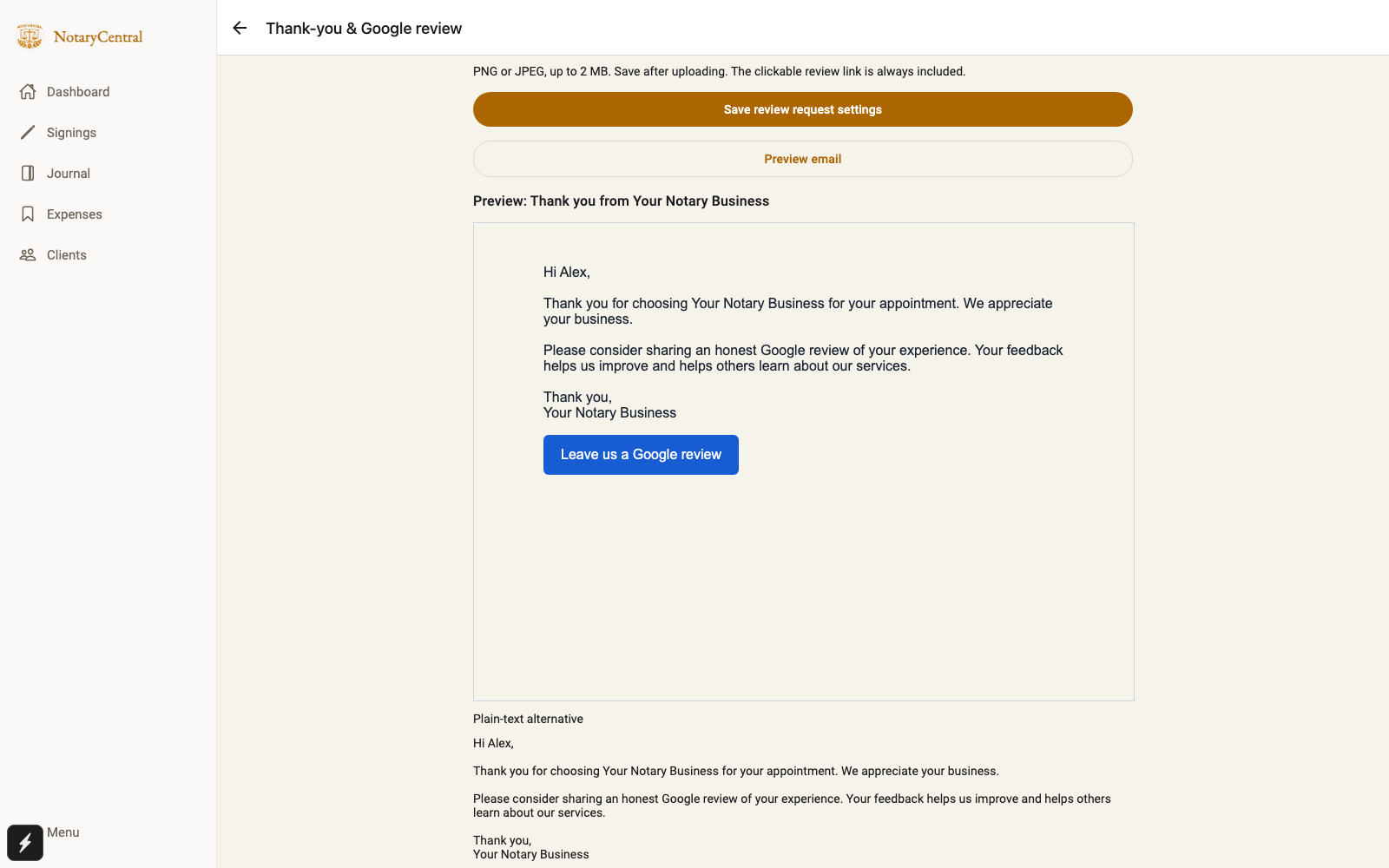 Email preview with personalized thank-you message and Google review button for Your Notary Business