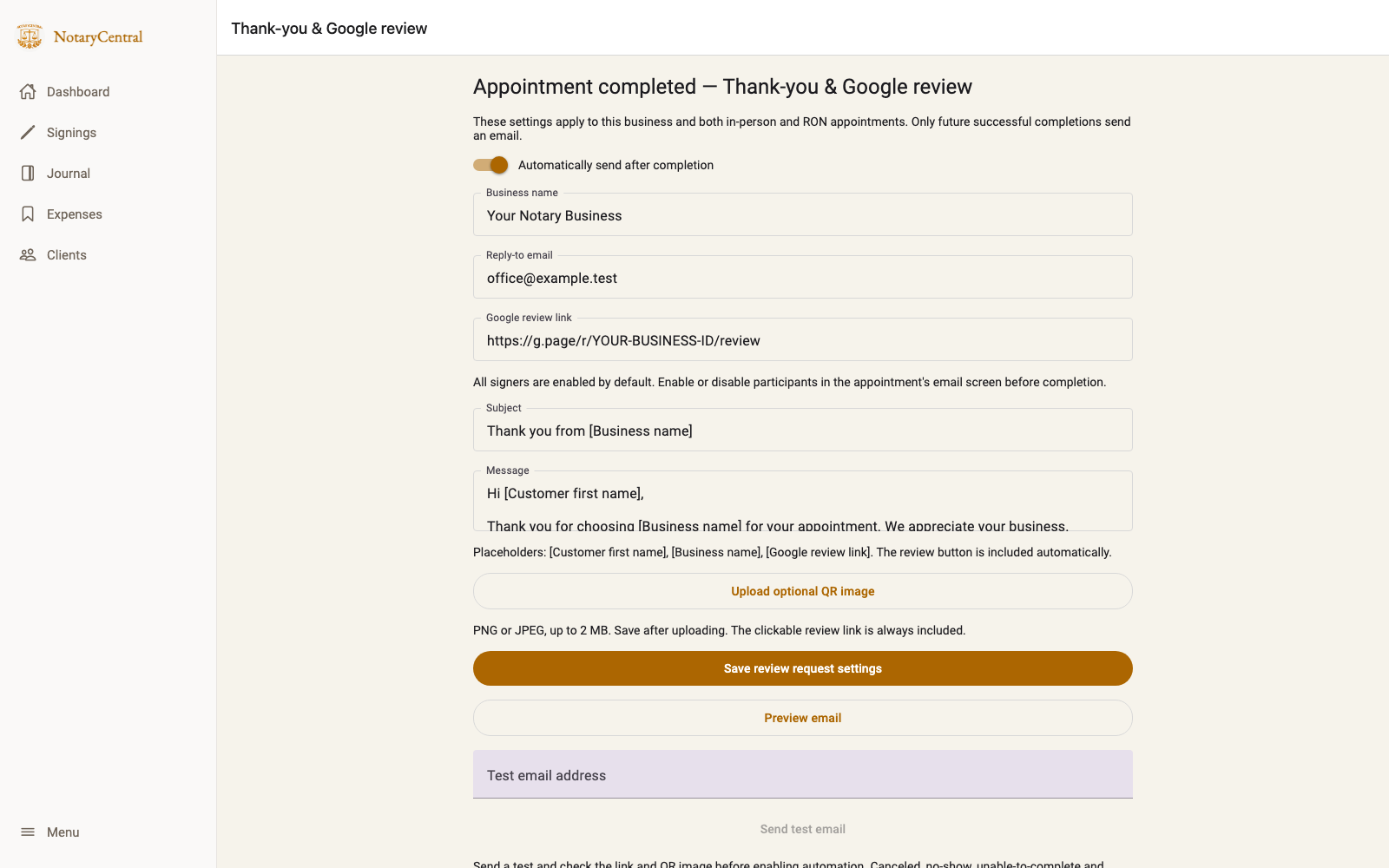 Automatically send after completion switched on for the configured business