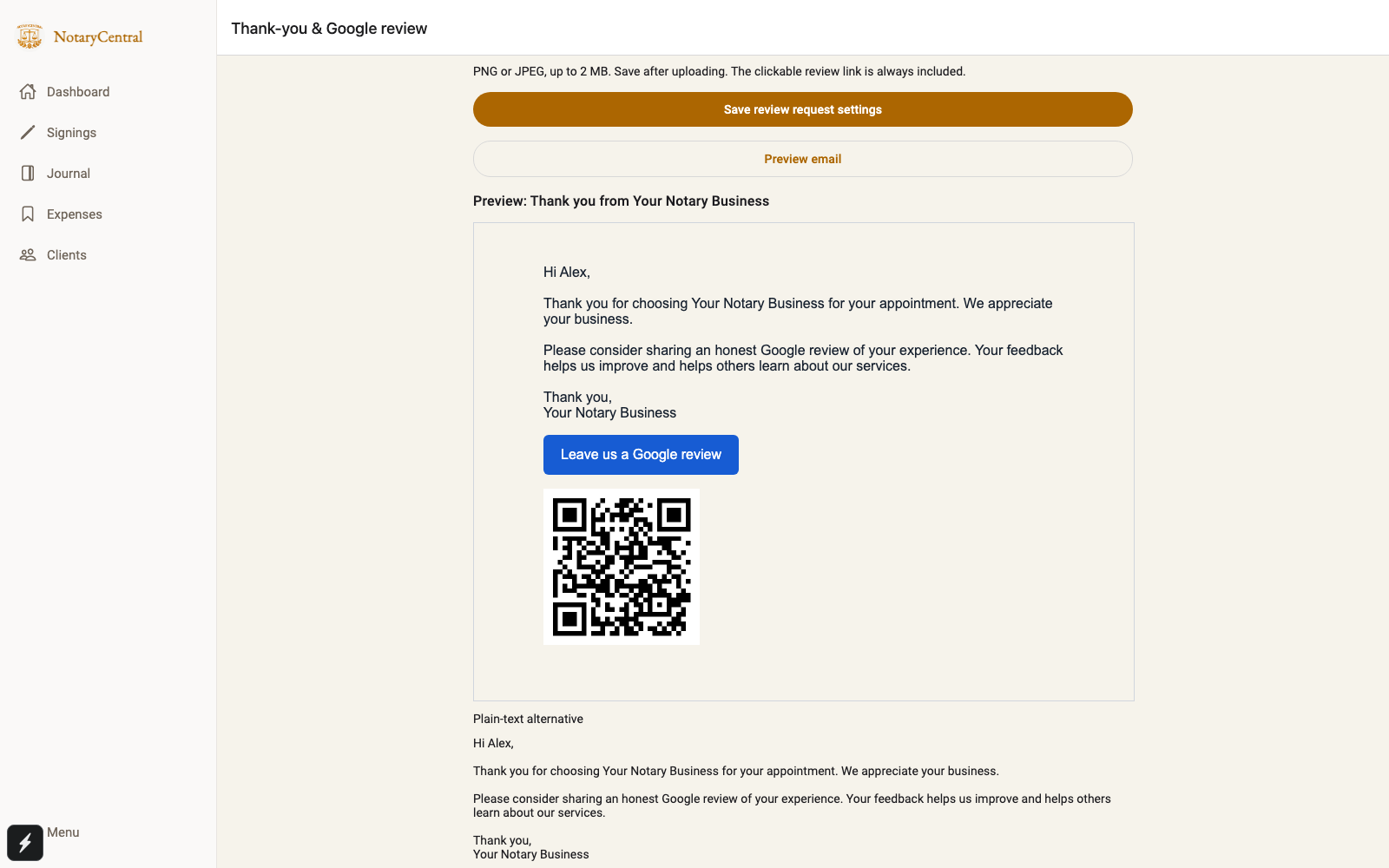 Review email preview containing the thank-you message, blue Google review button, and linked QR code