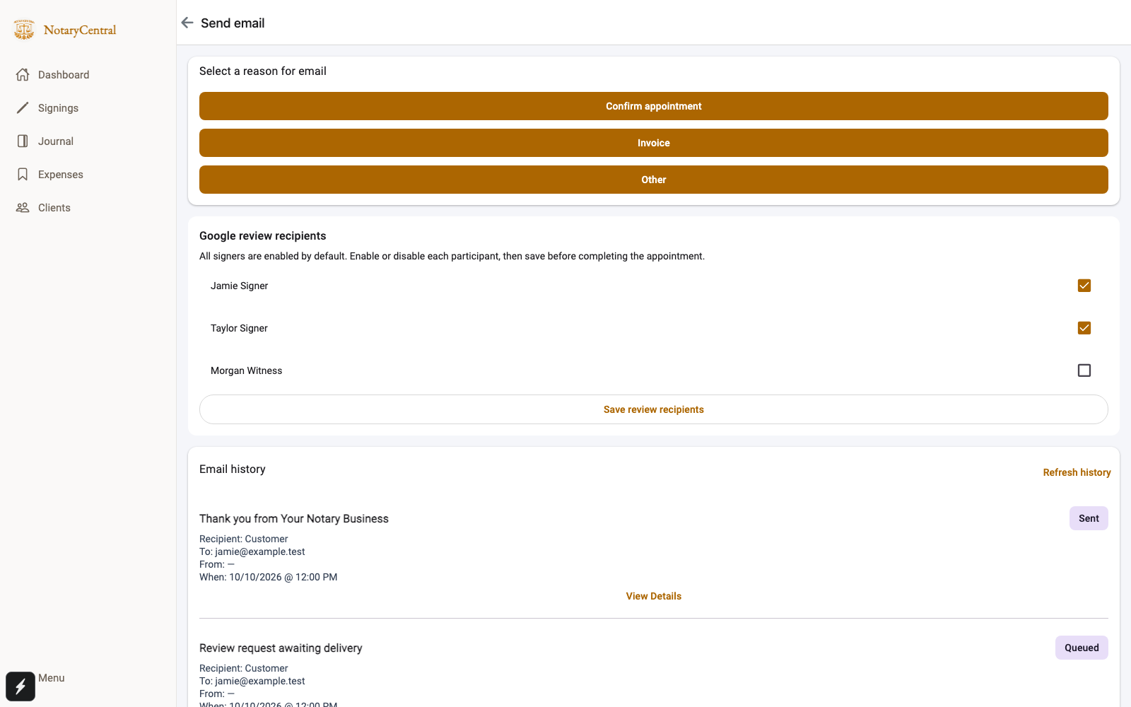 Google review recipients with Jamie Signer and Taylor Signer selected and Morgan Witness unselected