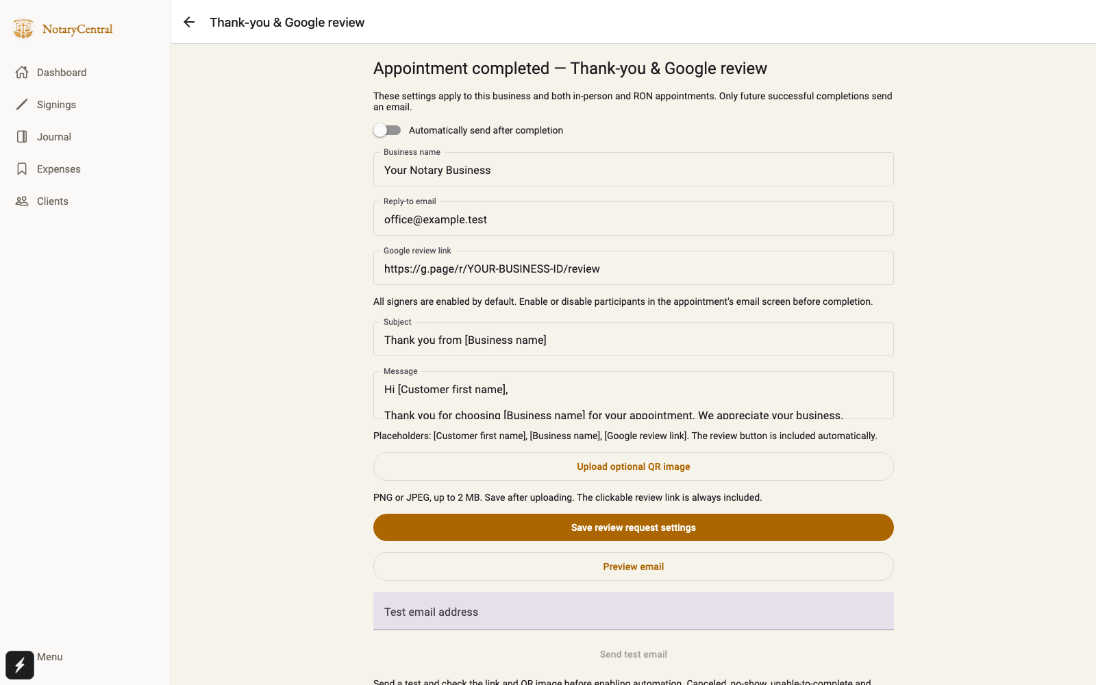 Thank-you and Google review settings with automation off, business name, reply-to email, and Google review link