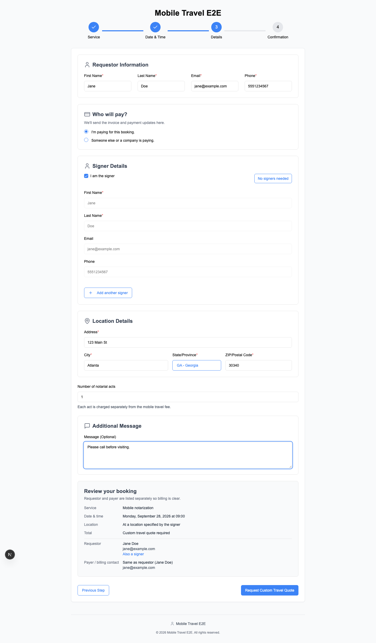 Customer booking review showing a custom travel quote request instead of an automatic price