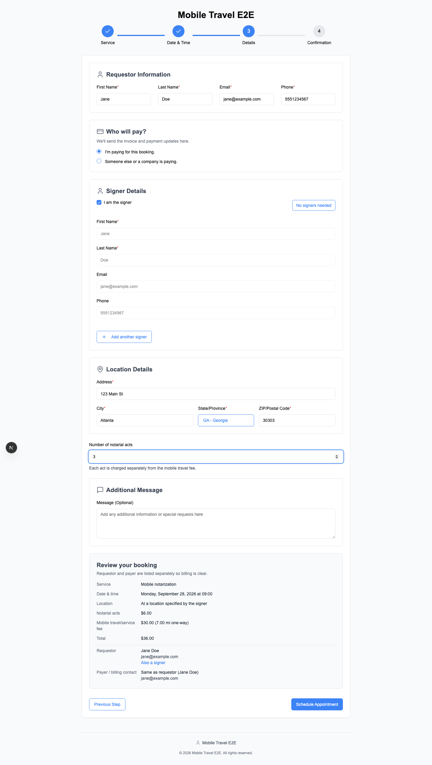 Customer booking review with separate notarial acts, travel fee, and total