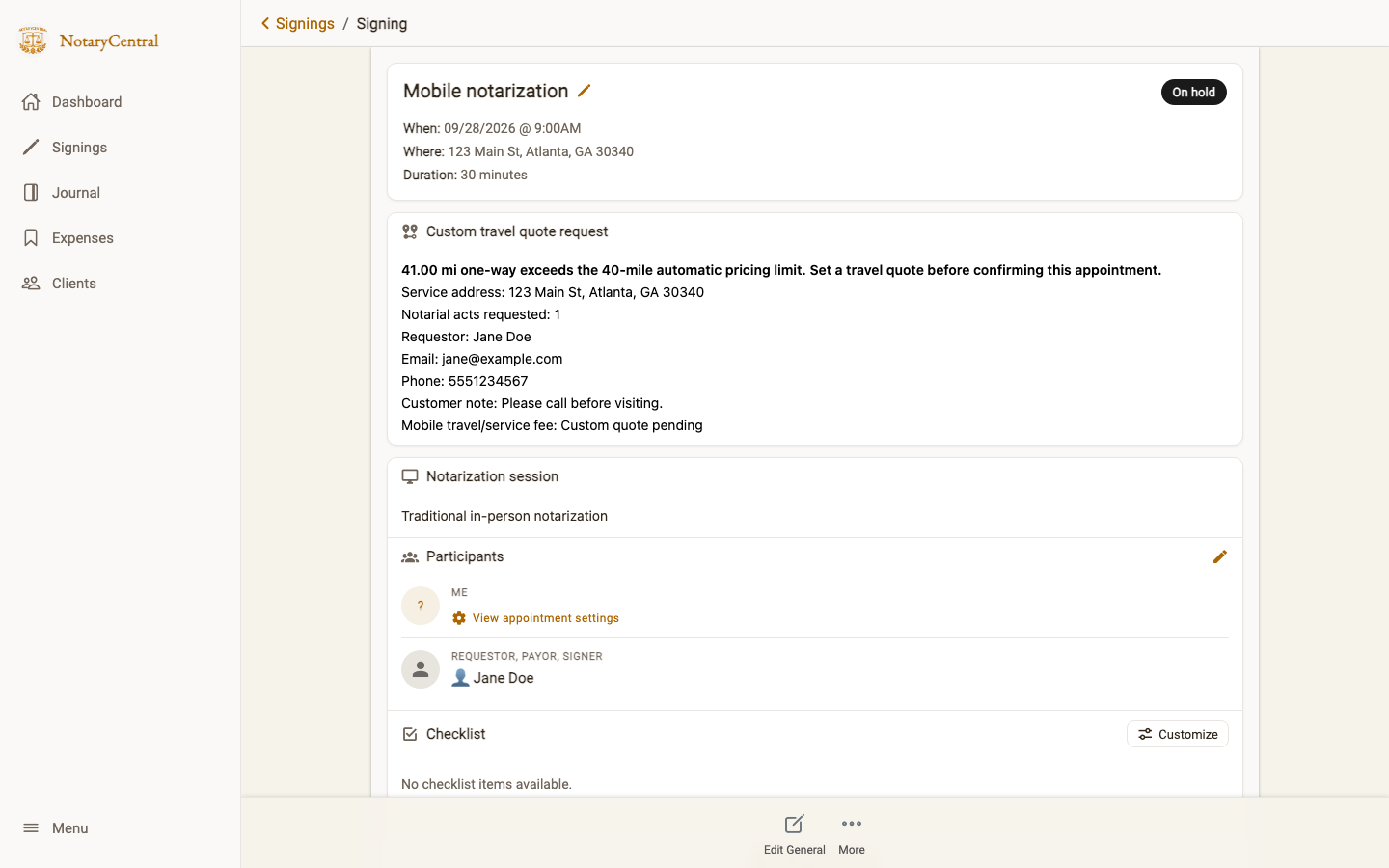 Notary signing page showing an on-hold custom travel quote request and booking details