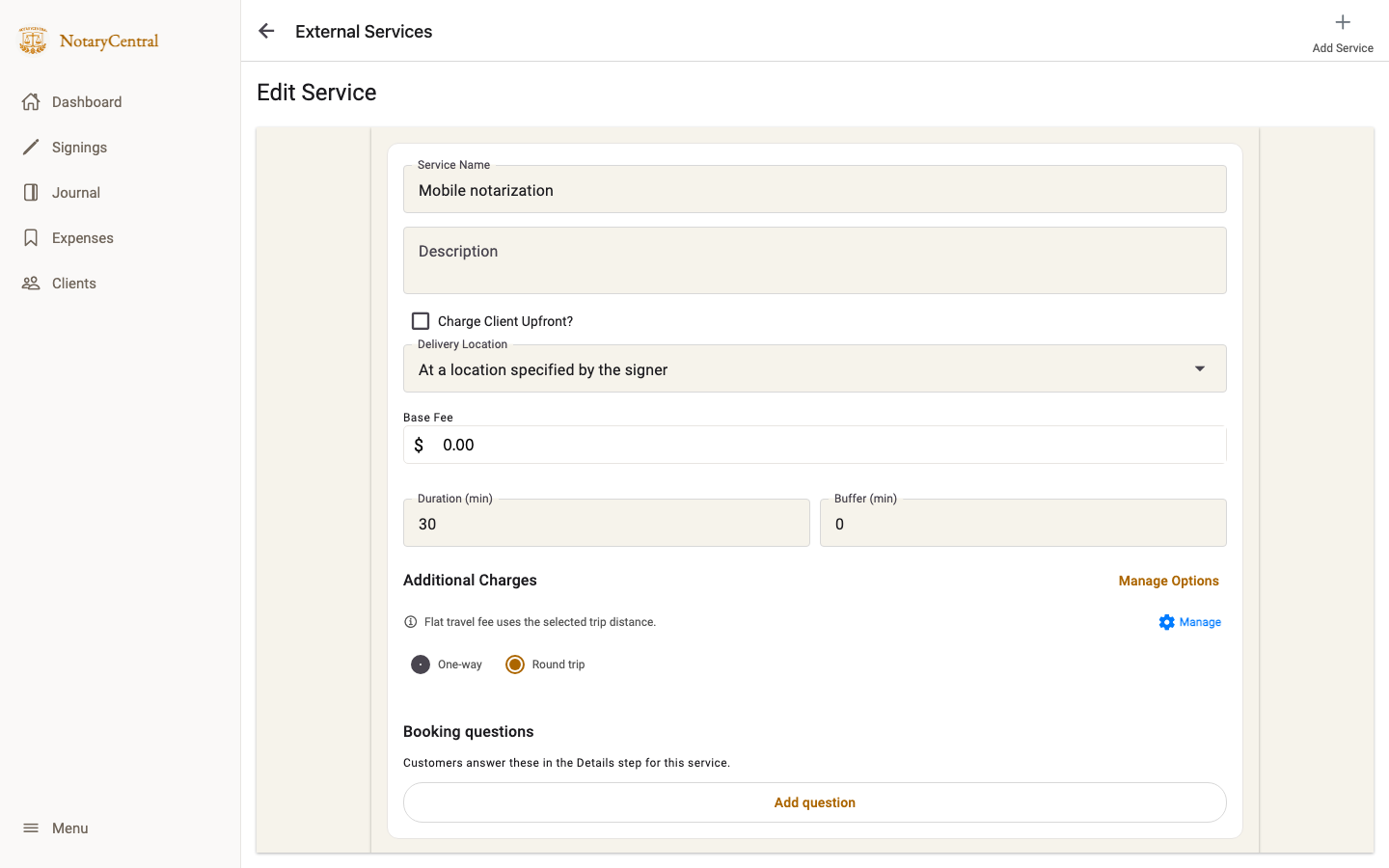 External service editor showing the one-way and round-trip choices