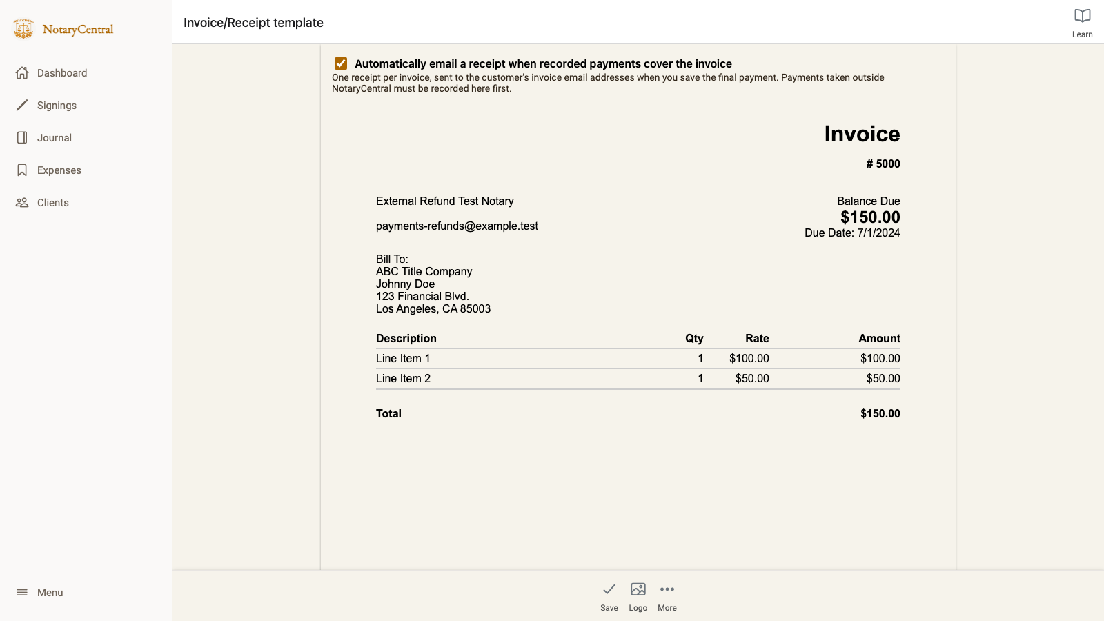 Invoice settings with automatic receipt emails enabled