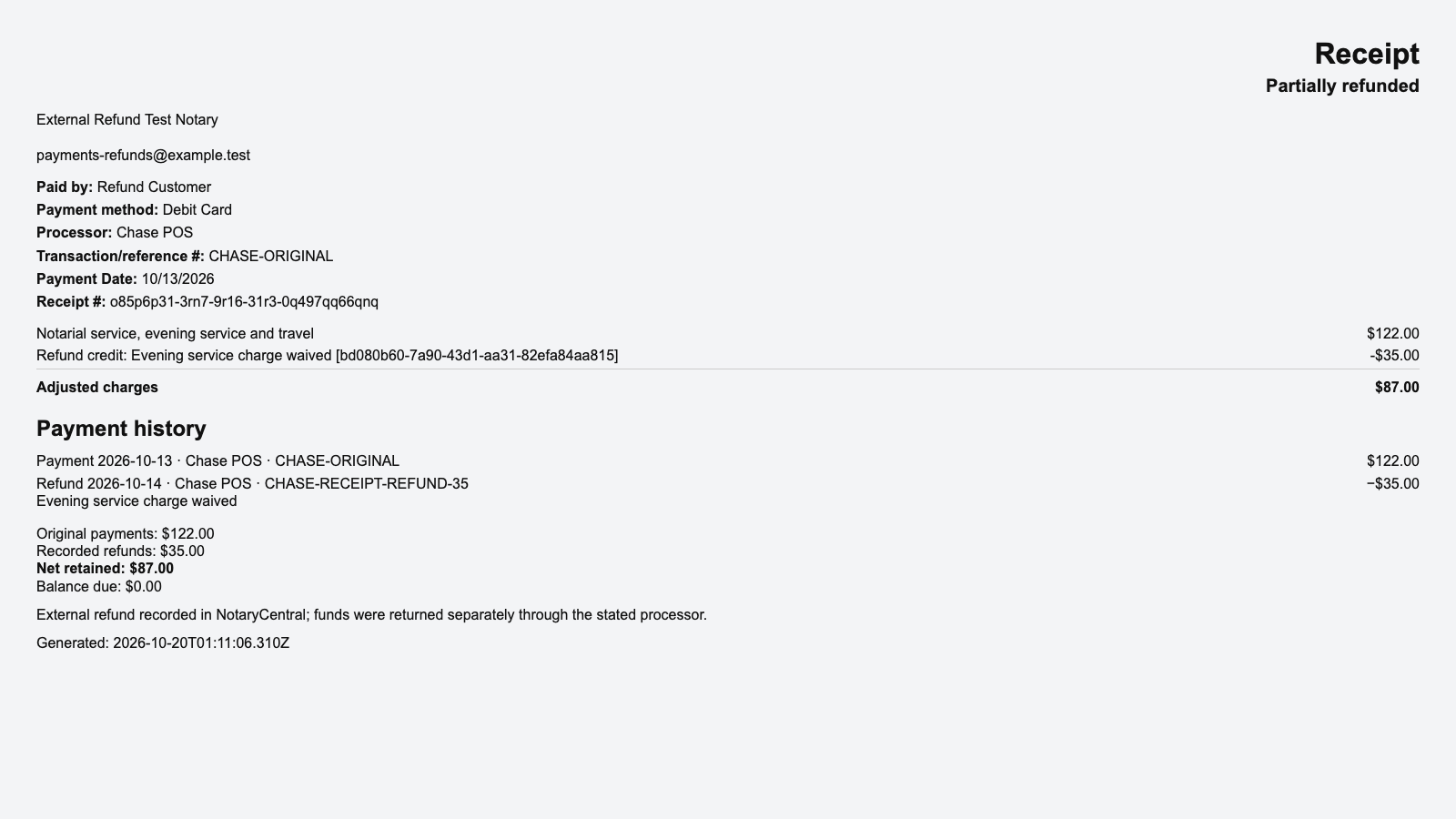 Sample updated receipt showing the original $122 Chase payment, a $35 refund and charge credit, $87 retained, and no balance due