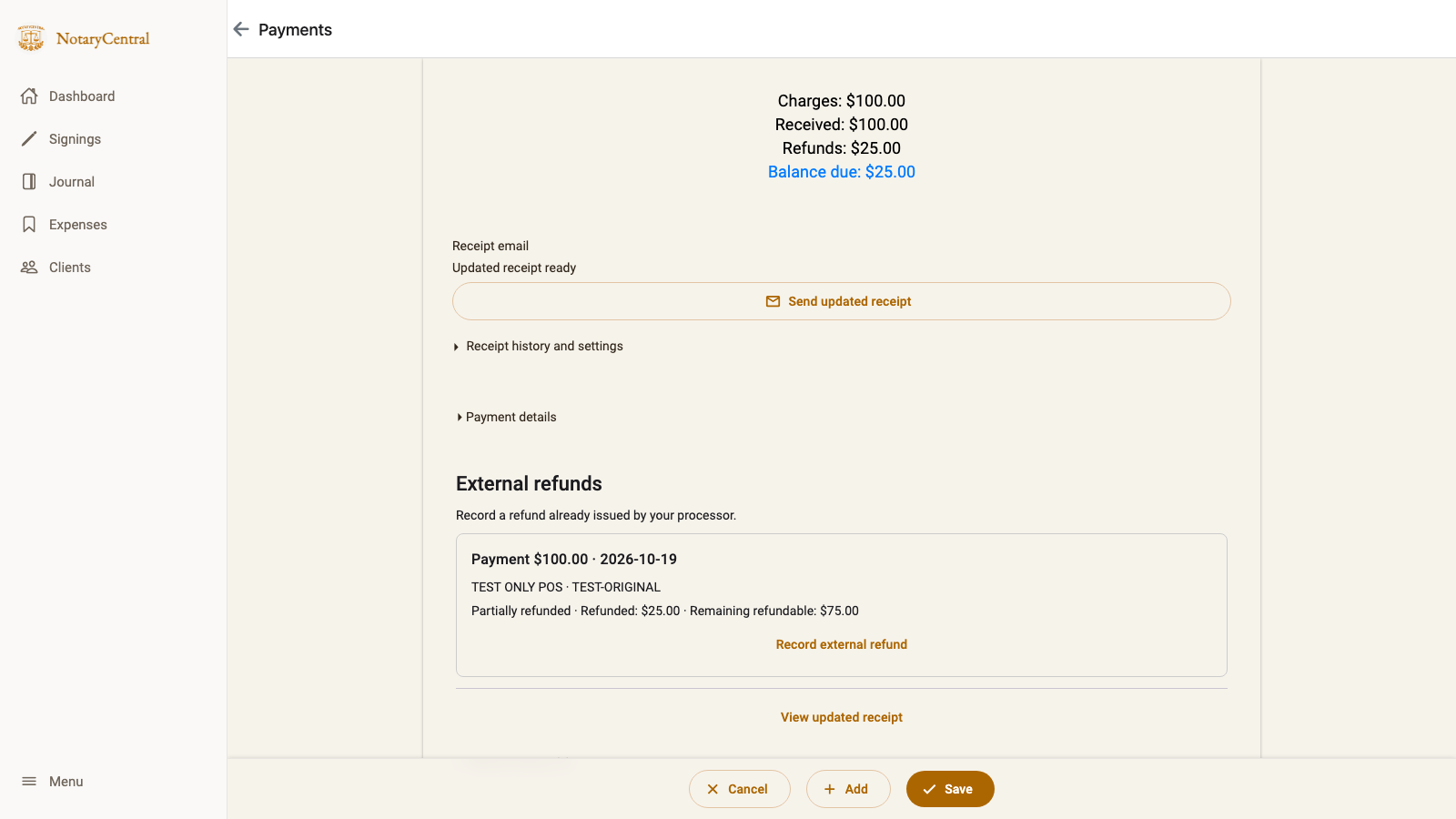 Payments showing a $100 payment, a $25 refund, $25 due, and Updated receipt ready