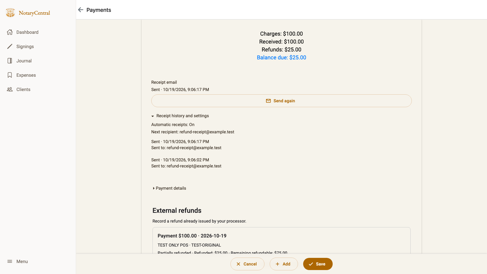 Expanded receipt history showing send times, recipient addresses, and the next recipient