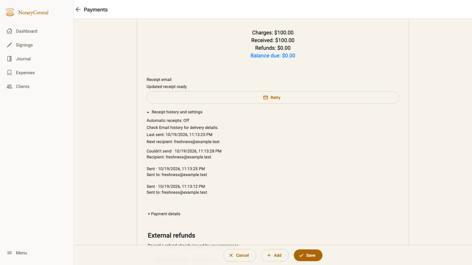 Payments showing Updated receipt ready with earlier successful sends and the latest failed attempt expanded