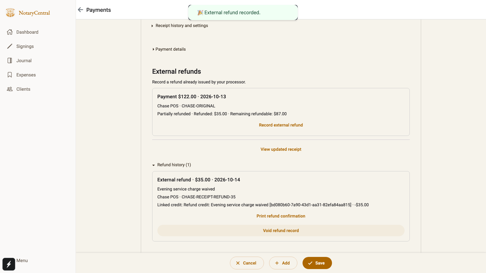 Expanded refund history preserving the original $122 payment and a separate $35 refund