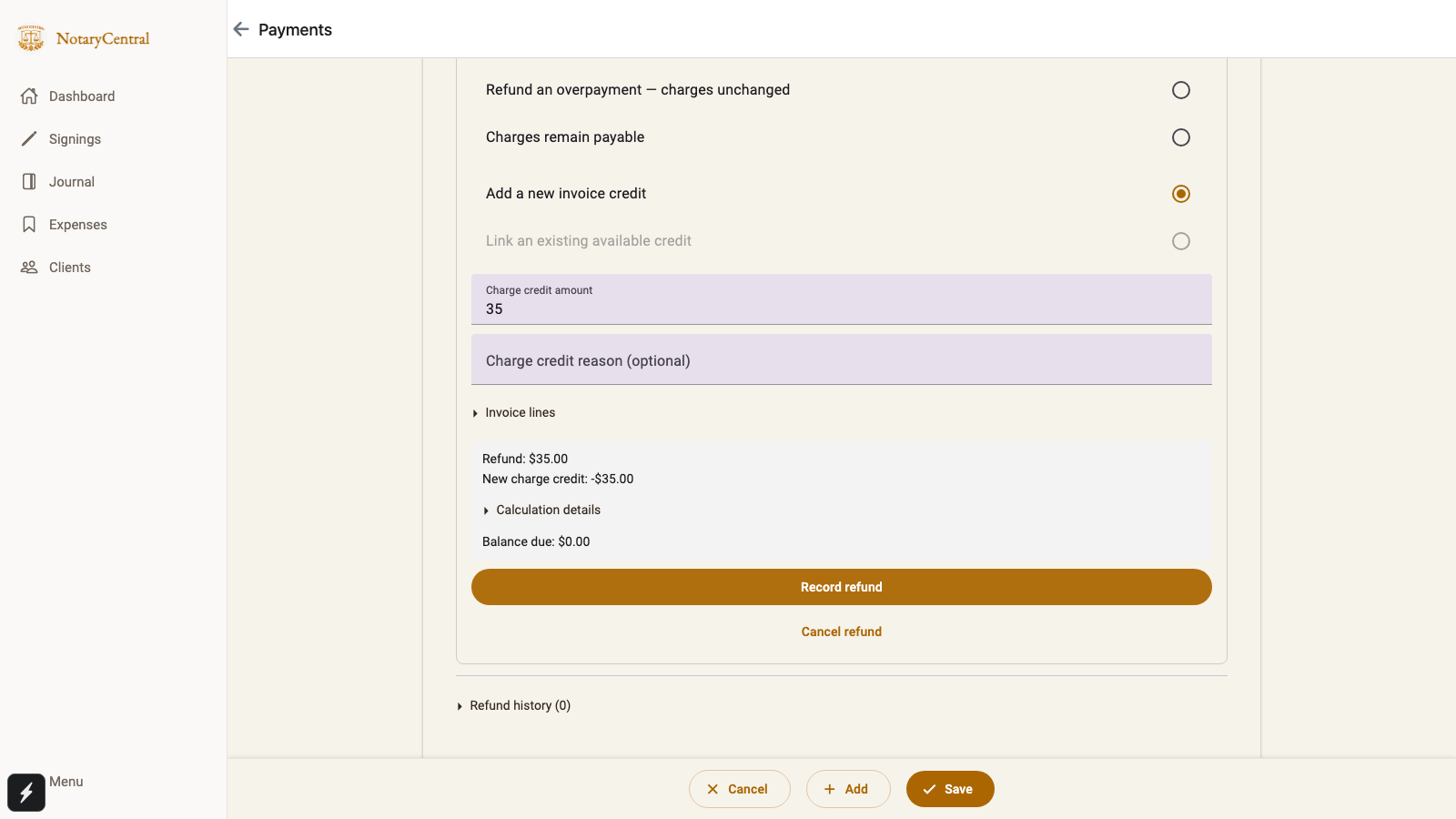Refund review showing a $35 refund, a matching $35 charge credit, and no balance due