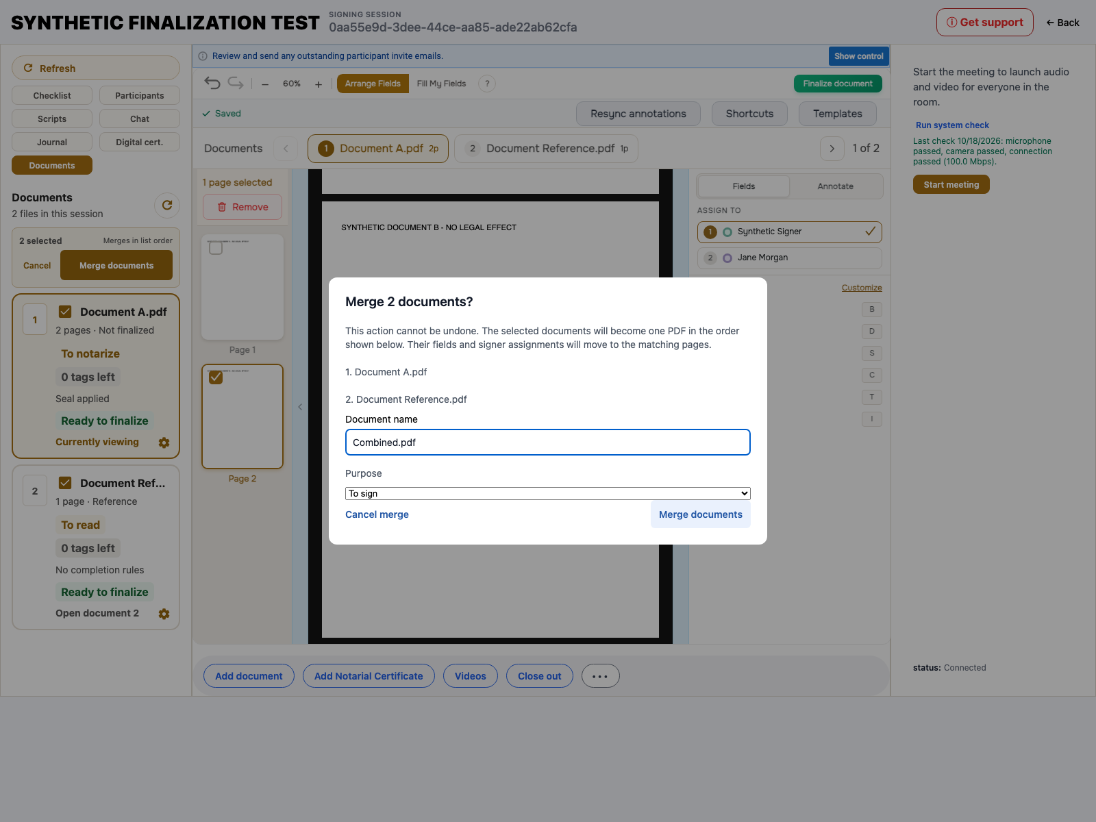 Merge confirmation showing the document order, output name Combined.pdf, purpose To sign and irreversible-action warning.